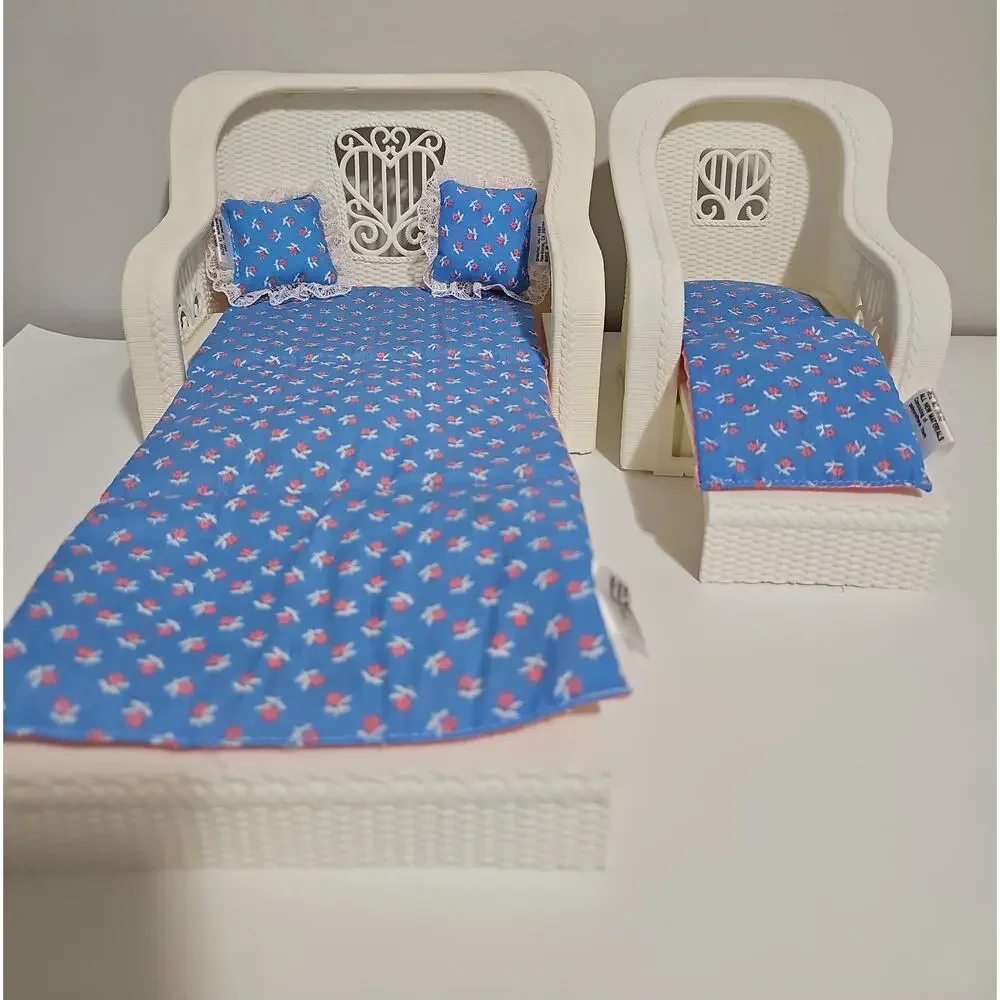 Vintage Barbie Wicker Living Room Set Couch Table Chair Furniture Mattel 1983